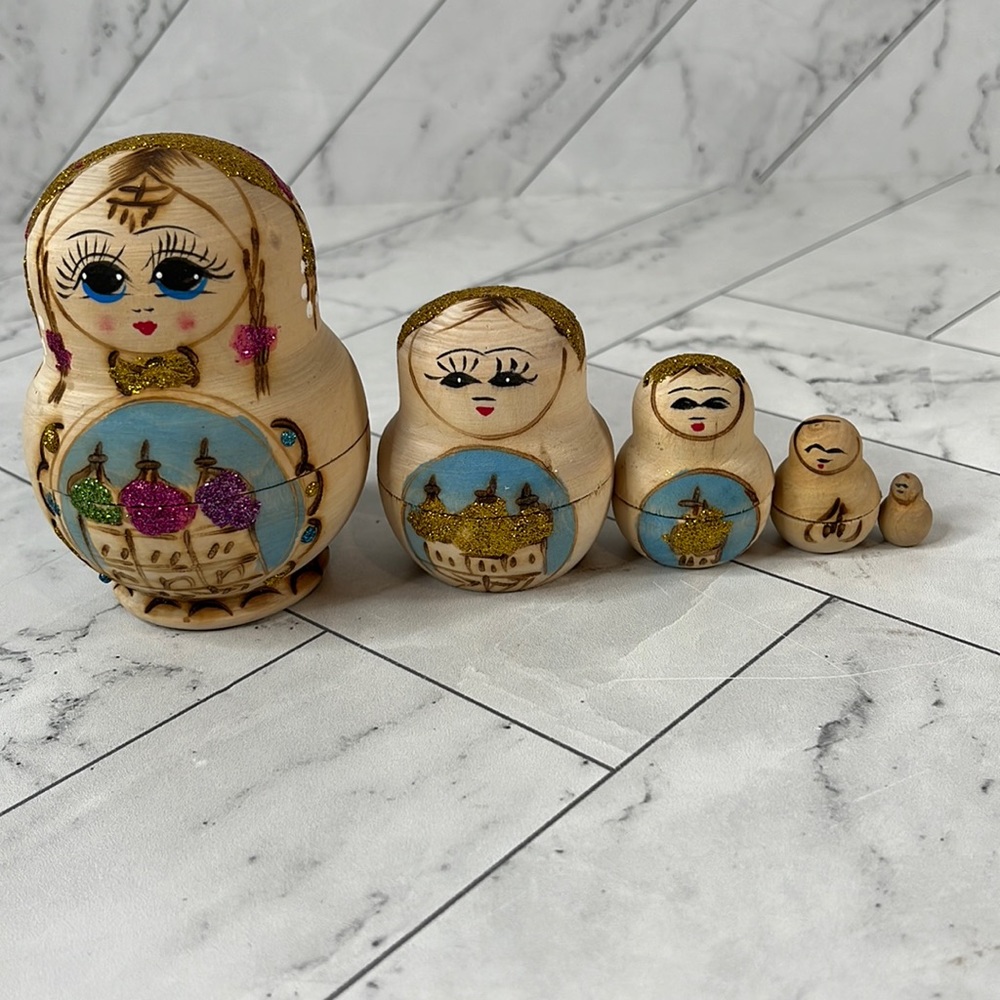 Vintage Russian Stacking Nesting dolls handpainted Handmade Wood Glitter set 5